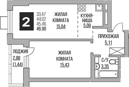 2-комн., 44.02 м², 17/23 этаж, ЖК «Гранель Ильинойс»