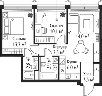 3-комн., 56.5 м², 54/59 этаж, ЖК «СЕТ»