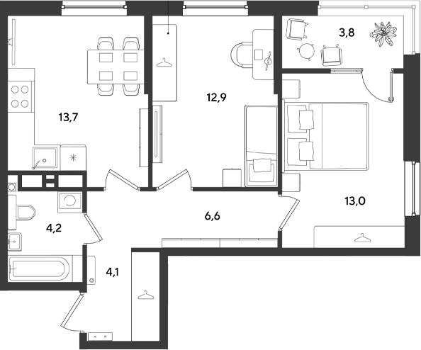 2-комн., 54.5 м², 3/18 этаж, ЖК «Ридз»