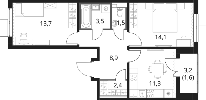 2-комн., 55.4 м², 2/13 этаж, ЖК «1-й Шереметьевский»