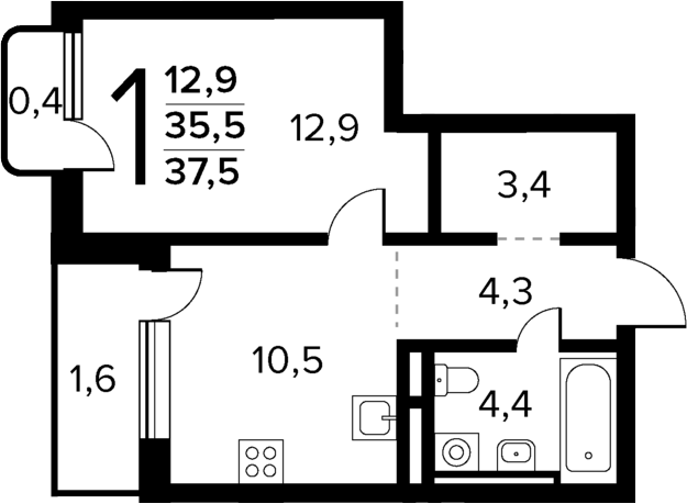 2-комн., 35.5 м², 7/14 этаж, ЖК «Новые Ватутинки Квартал у реки»