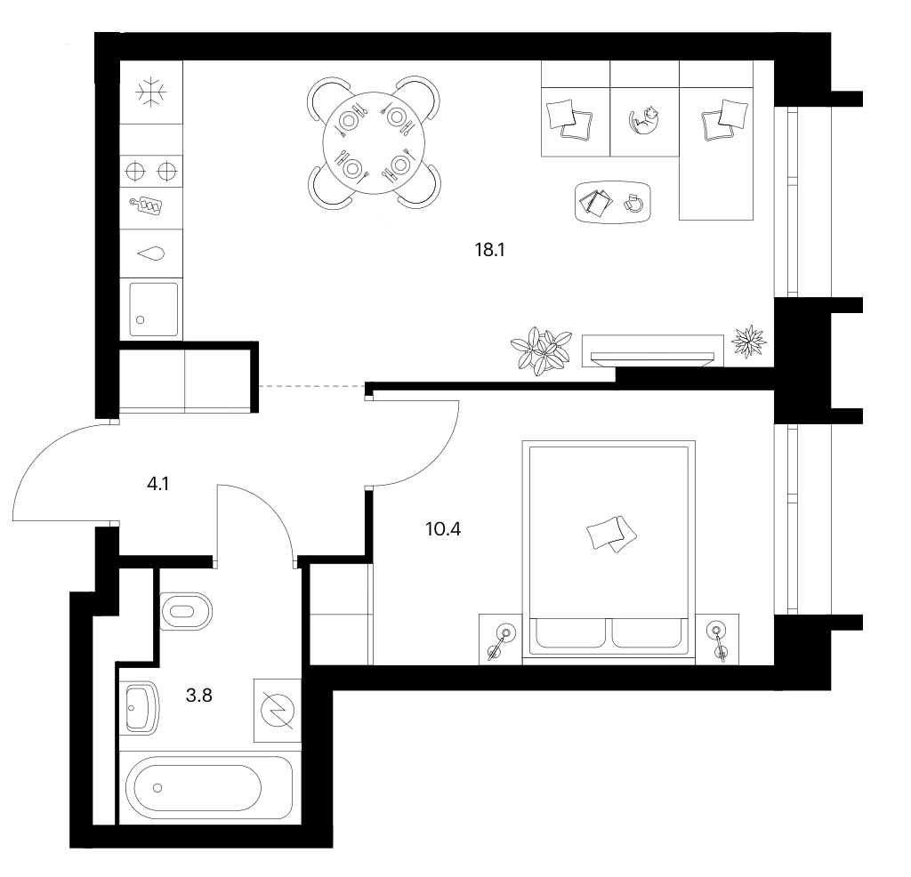 1-комн., 36.4 м², 11/28 этаж, ЖК «Зеленый парк»