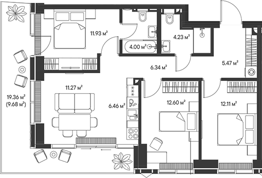 4+ комнаты, 74.41 м², 3/47 этаж, ЖК «Джойс»