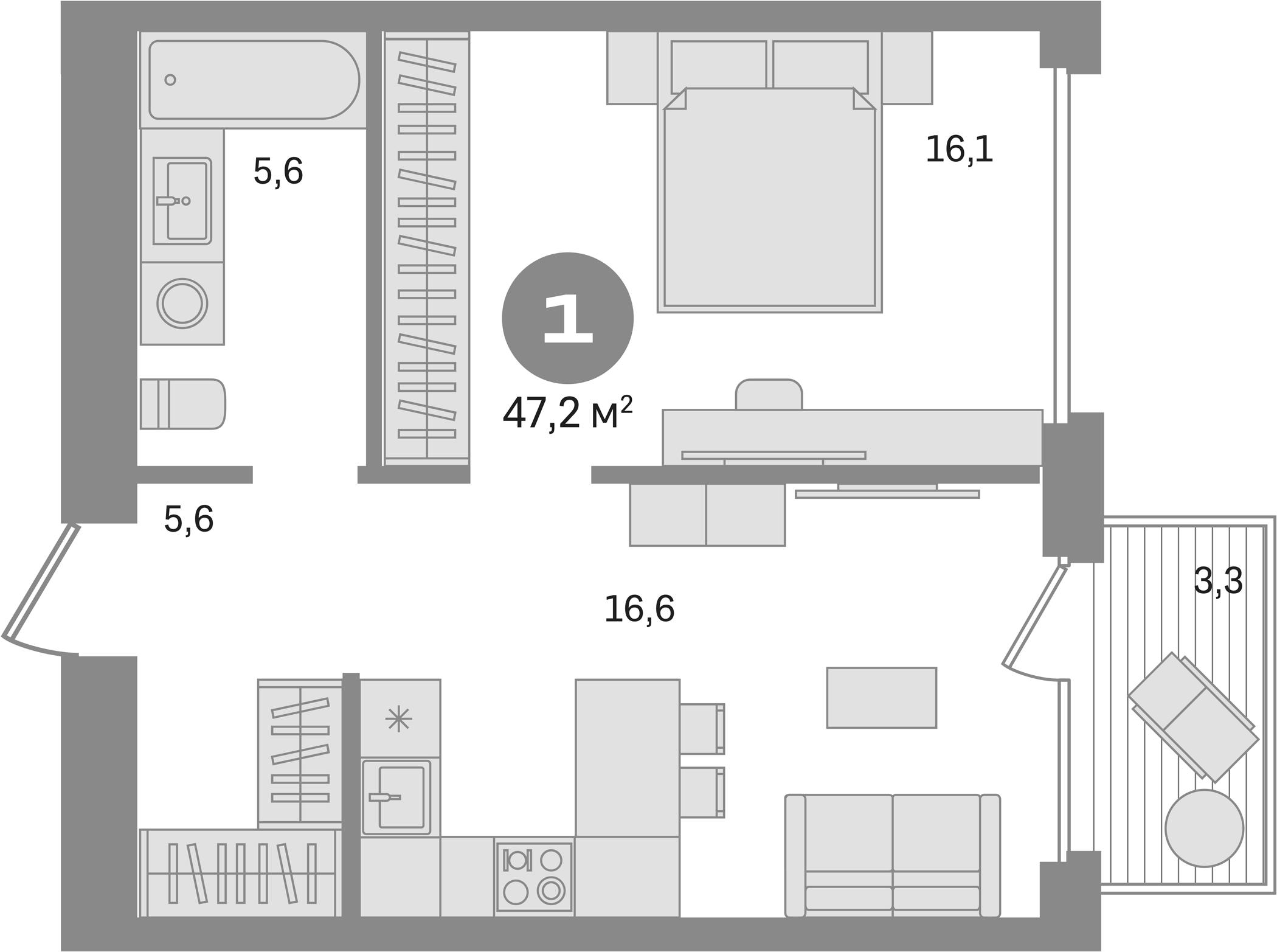 1-комн., 46.21 м², 5/7 этаж, ЖК «Дом А»