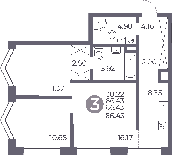 2-комн., 66.43 м², 2/27 этаж, ЖК «Мневники от Гранель»