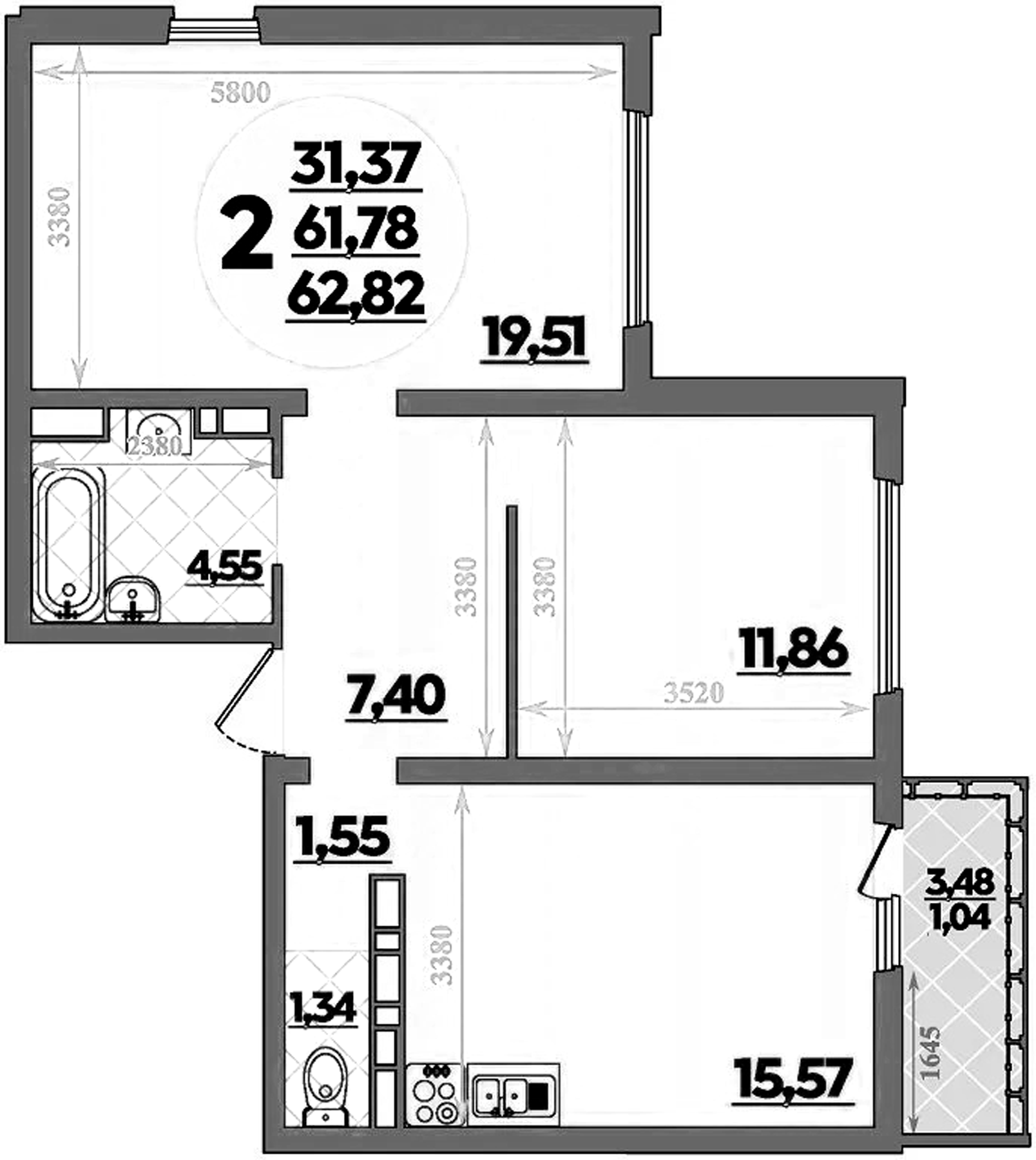 Продается 2-комн. квартира, 61.78 м²