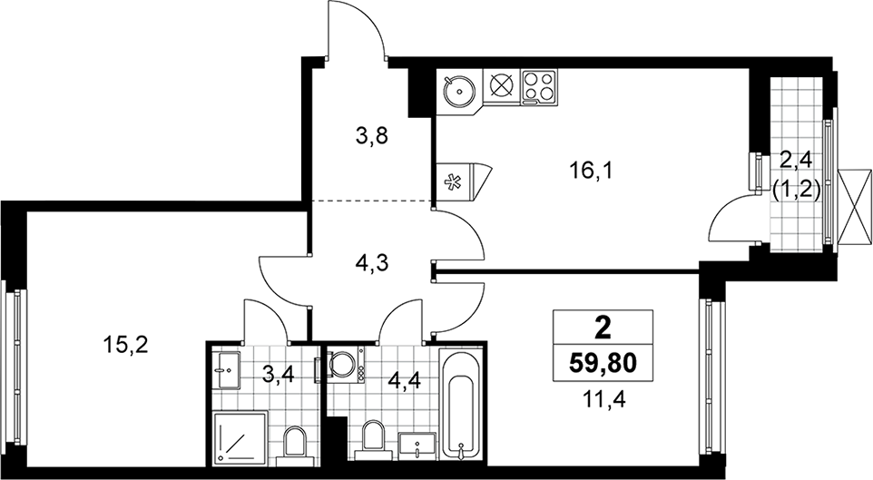 3-комн., 58.6 м², 10/14 этаж, ЖК «Прокшино»