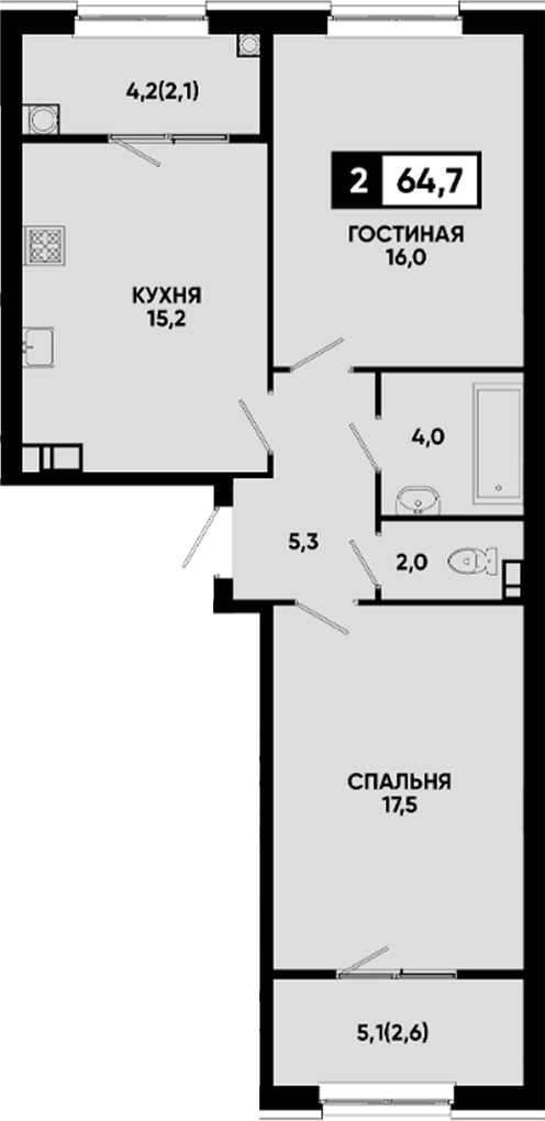 2-комн., 60 м², 9/9 этаж, ЖК «Квартал на курорте Моя Легенда»
