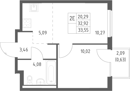2-комн., 32.92 м², 5/13 этаж, ЖК «Горки Парк»