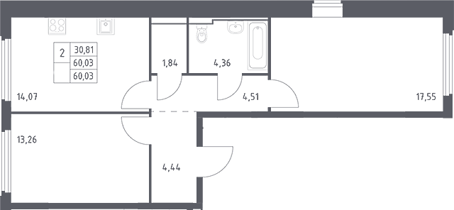 2-комн., 60.03 м², 14/17 этаж, ЖК «Космический Квартал»