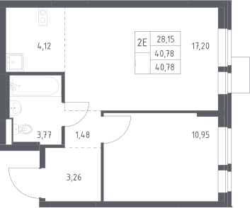 2-комн., 40.78 м², 17/17 этаж, ЖК «Квартал Авиаторов»