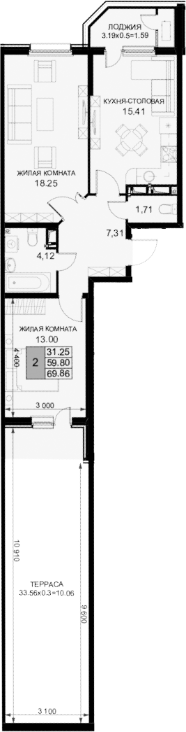 2-комн. квартира, 58.21 м² в ЖК Фонтаны — фото 2