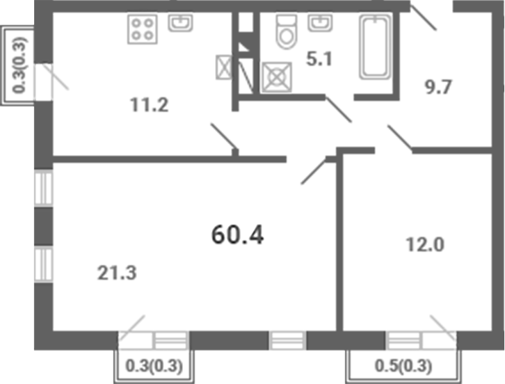 2-комн., 59.3 м², 4/4 этаж, ЖК «Южная Долина»