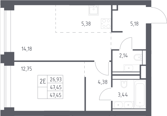2-комн., 47.45 м², 2/40 этаж, ЖК «НОВА»