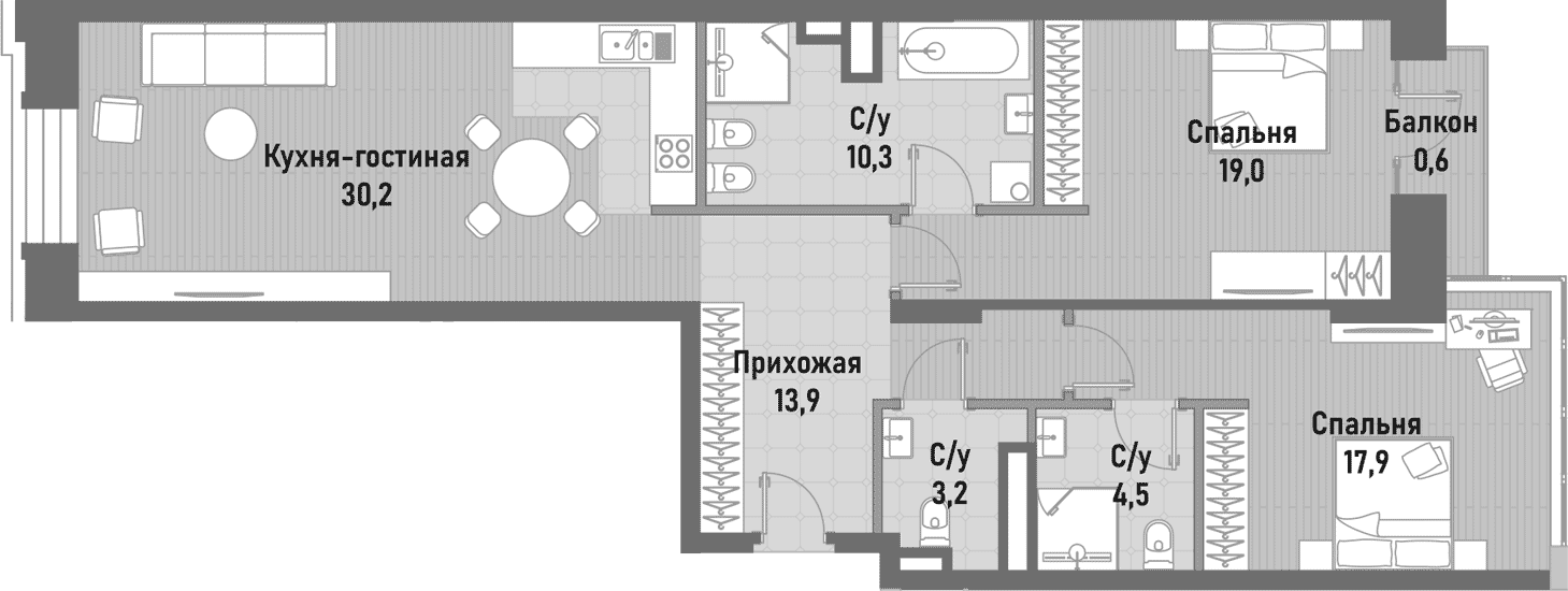 3-комн., 96.7 м², 4/16 этаж, ЖК «Ренессанс»