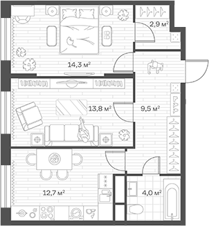 2-комн., 57.2 м², 8/12 этаж, ЖК «Аристов Берег»