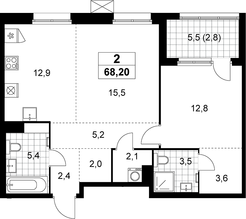 2-комн., 65.4 м², 8/8 этаж, ЖК «Дзен-кварталы»