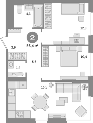 2-комн., 56.4 м², 18/30 этаж, ЖК «Квартал Герцена»