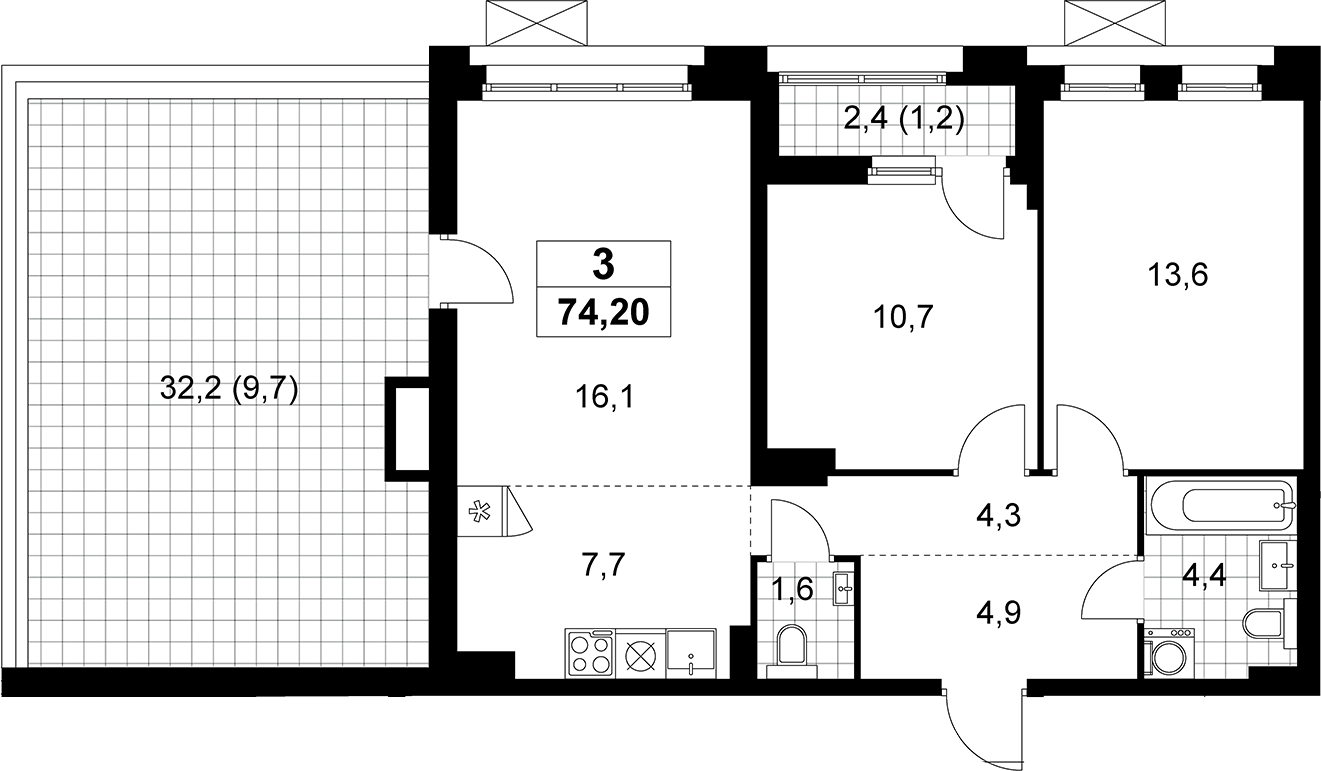 3-комн., 63.3 м², 7/10 этаж, ЖК «Прокшино»