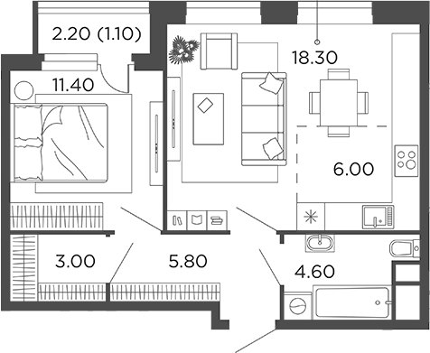 2-комн., 49.1 м², 11/22 этаж, ЖК «Филатов Луг»
