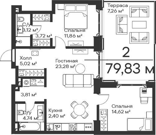 3-комн., 72.57 м², 2/15 этаж, ЖК «Сити Бэй»