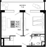 2-комн., 42.9 м², 9/9 этаж, ЖК «Гостиничный комплекс Мореград»