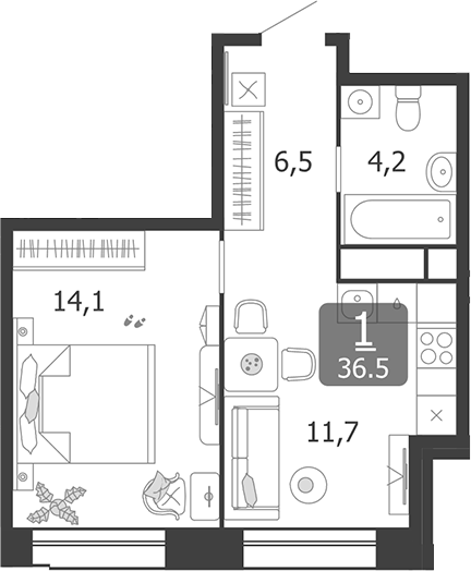 1-комн., 36.5 м², 4/13 этаж, ЖК «Шагал»