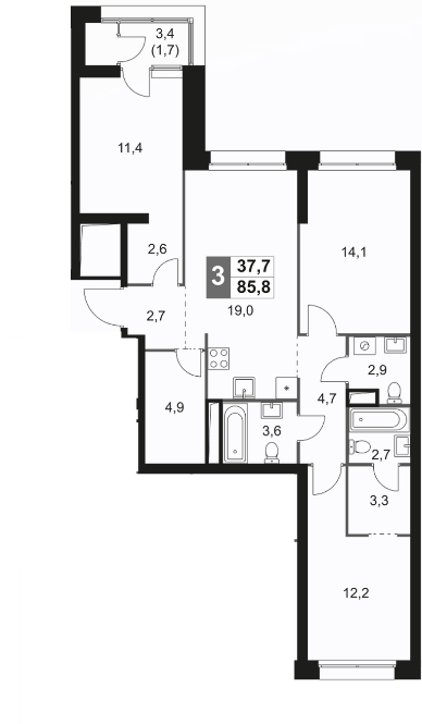 4+ комнаты, 84.1 м², 20/44 этаж, ЖК «Скай Гарден»