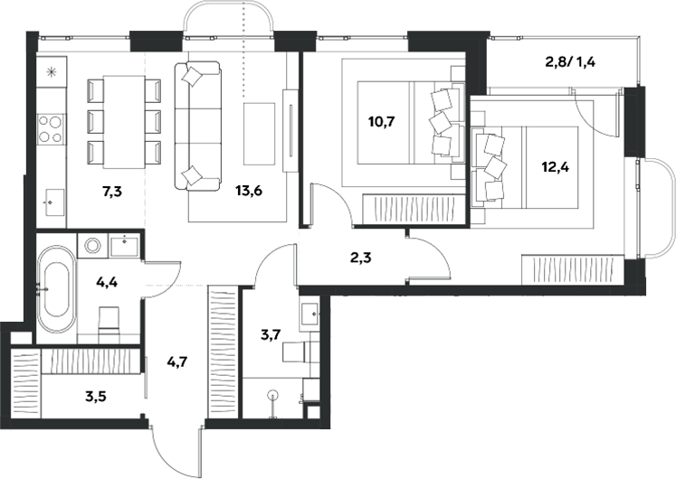3-комн., 62.6 м², 6/18 этаж, ЖК «АЛИА»