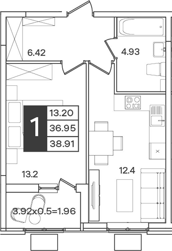 1-комн., 36.95 м², 2/9 этаж, ЖК «Сюжеты»