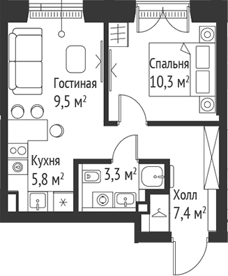 2-комн., 36.3 м², 9/59 этаж, ЖК «СЕТ»
