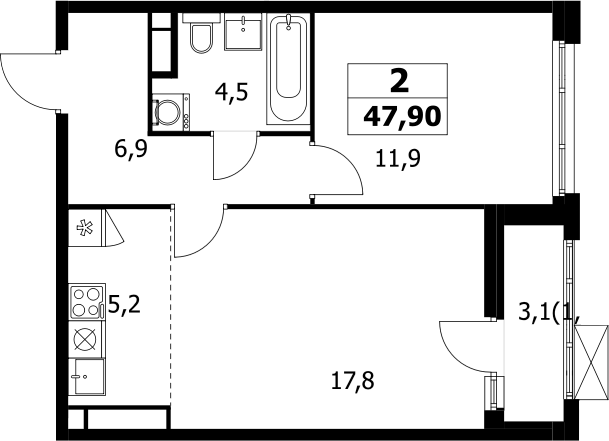2-комн., 46.3 м², 13/17 этаж, ЖК «Прокшино»