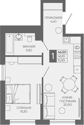1-комн. квартира, 46.1 м² в ЖК Иначе в Молодежном — фото 2