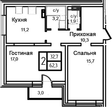 2-комн., 59.3 м², 10/12 этаж, ЖК «Троицкий»