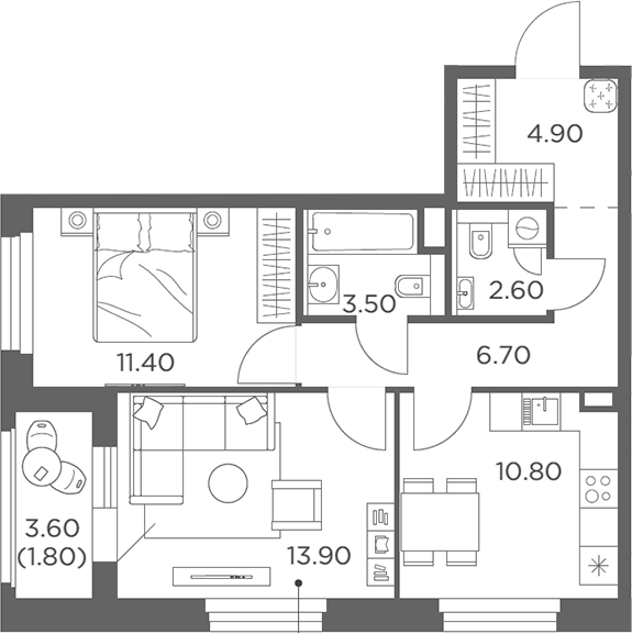 2-комн., 53.8 м², 6/23 этаж, ЖК «Белый Град»