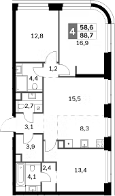 4+ комнаты, 88.7 м², 42/47 этаж, ЖК «Амбер Сити»