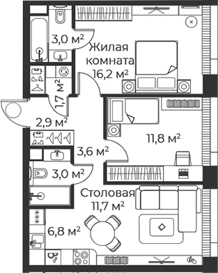 3-комн., 60.7 м², 18/38 этаж, ЖК «Веер»
