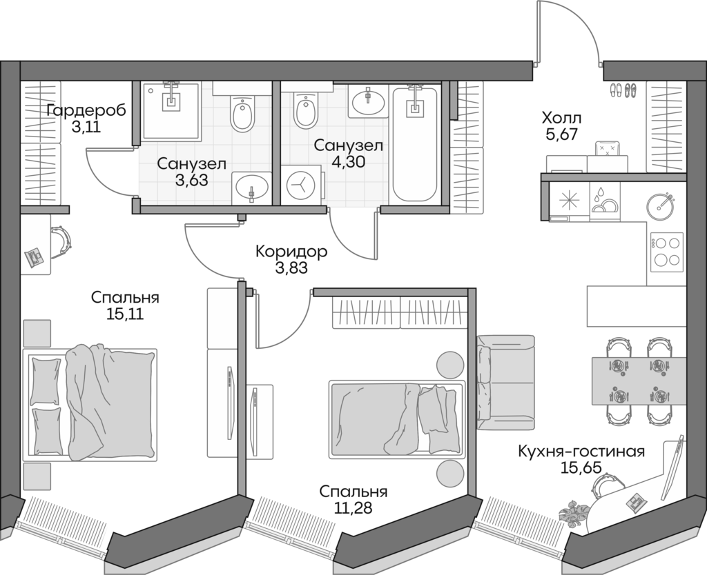 3-комн., 61.4 м², 15/16 этаж, ЖК «Инсайдер»