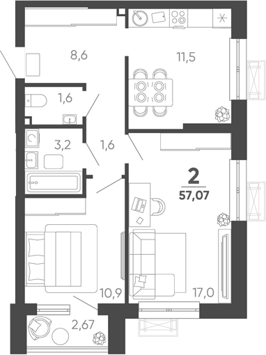 2-комн. квартира, 56.27 м² в ЖК Барса — фото 2