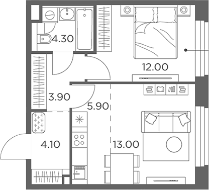 2-комн., 43.2 м², 2/23 этаж, ЖК «Белый Град»