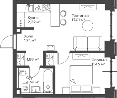 2-комн., 38.92 м², 4/15 этаж, ЖК «Сити Бэй»