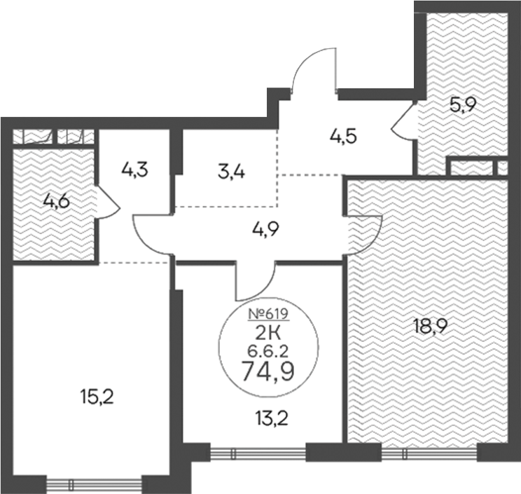 2-комн., 74.9 м², 6/10 этаж, ЖК «Клубный квартал КРЫЛАТСКАЯ 33»