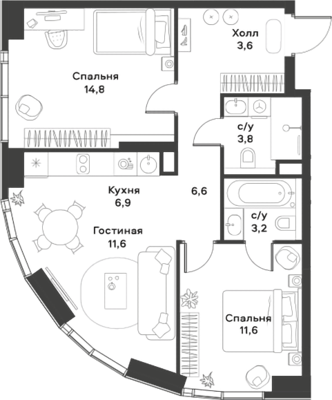 3-комн., 62.1 м², 4/39 этаж, ЖК «АЛИА»