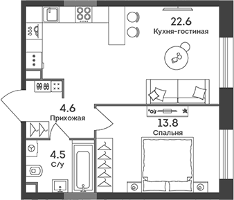 2-комн., 45.5 м², 35/43 этаж, ЖК «ЭРА»
