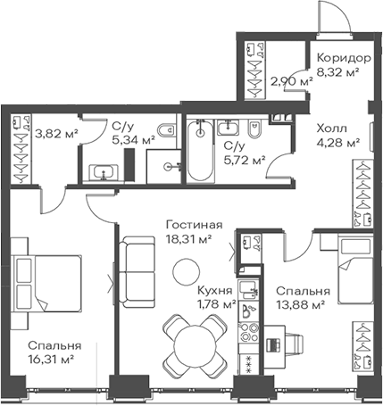 3-комн., 80.66 м², 2/15 этаж, ЖК «Сити Бэй»