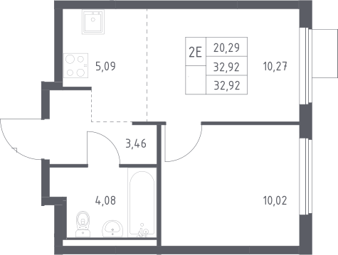 2-комн., 32.92 м², 13/13 этаж, ЖК «Горки Парк»