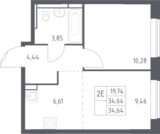 2-комн., 34.64 м², 7/11 этаж, ЖК «Богдановский лес»