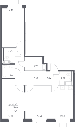 3-комн., 76.5 м², 11/17 этаж, ЖК «Томилино Парк»