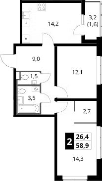 2-комн., 57.3 м², 2/18 этаж, ЖК «1-й Ясеневский»
