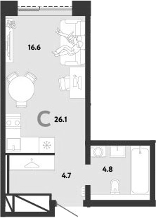 Студия, 26.1 м², 28/38 этаж, ЖК «Страна.Заречная»